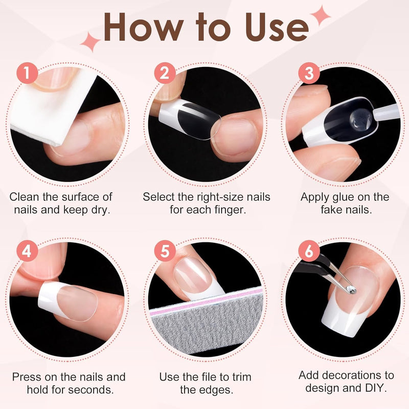 120Pcs French Manicure False Nails Square, Short French Tip False Nails, Full Cover Transparent Press on Nails Stick on Fake Nails for Women Girls Nails Art (White)