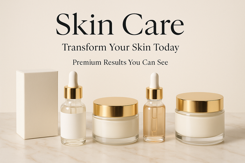 gere um banner com a head line "Skin Care", um copy persuasiva para alta conversão com produtos de skin care premium ao fundo